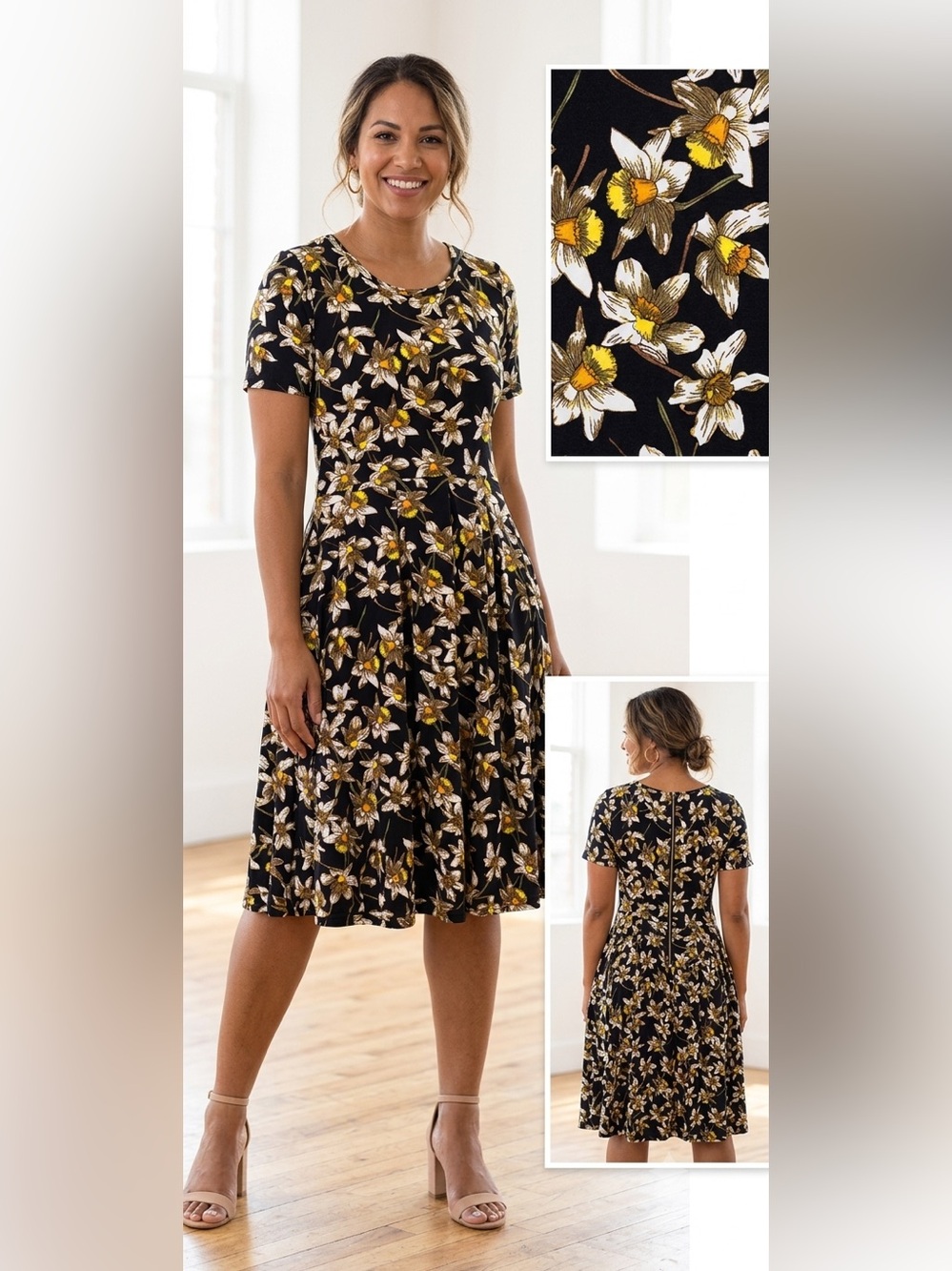 LuLaRoe Black Floral Midi Dress with White and Yellow Blossoms